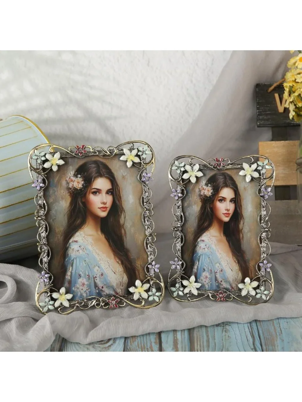 Vintage Floral Picture Frame 5x7 - Antique Metal Art Decor, HD Glass, Unique